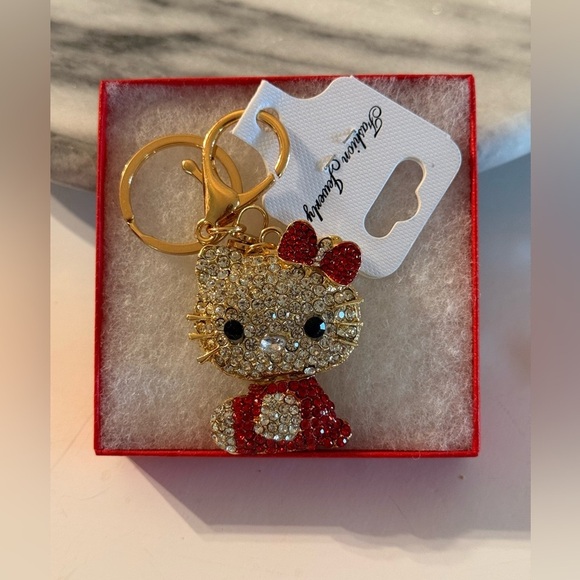 Sanrio Hello Kitty Keyring/Bag Charm Sparkling Rhinestones Golden Tone Red - Picture 5 of 8